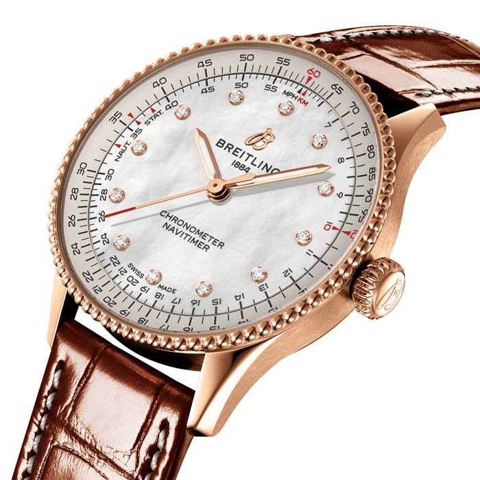 Breitling Navitimer 36mm Zegarek damski Biała masa perłowa Aligator 18k Czerwone złoto R17327211A1P1 - obrazek 3