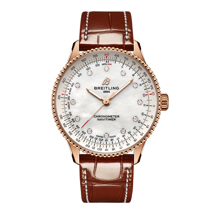 Breitling Navitimer 36mm Zegarek damski Biała masa perłowa Aligator 18k Czerwone złoto R17327211A1P1