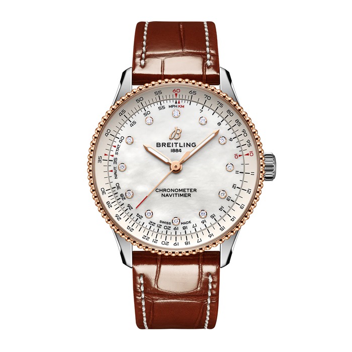 Breitling Navitimer 36mm Zegarek damski Biała masa perłowa Aligator U17327211A1P1