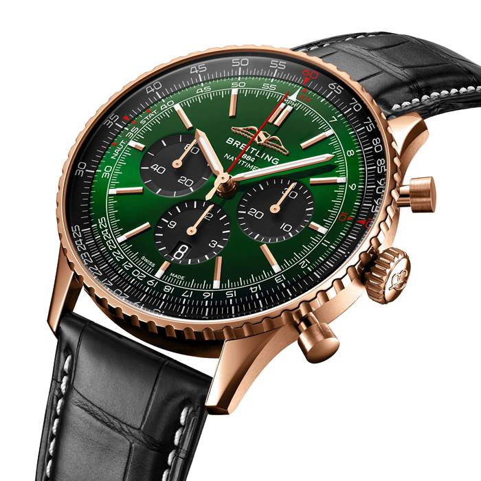 Breitling Navitimer Chronograph 18ct Rose Gold 46mm Zegarek męski Zielony Aligator RB0137241L1P1 - obrazek 2