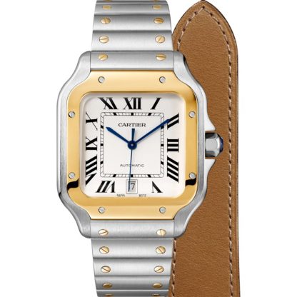 Cartier Santos De Cartier Zegarek Duży Model Automatyczny Mechanizm Żółte Złoto Stal Wymienne Metalowe I Skórzane Bransoletki W2SA0009 - obrazek 2