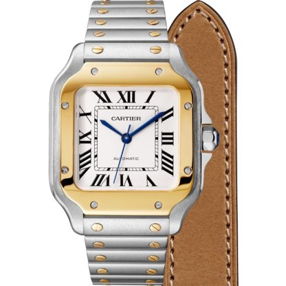 Cartier Santos De Cartier Zegarek Średni Model Automatyczny Mechanizm Żółte Złoto Stal Wymienne Metalowe I Skórzane Bransoletki W2SA0016 - obrazek 3