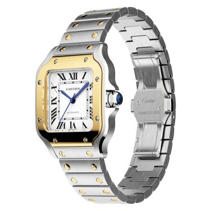 Cartier Santos De Cartier Zegarek Średni Model Automatyczny Mechanizm Żółte Złoto Stal Wymienne Metalowe I Skórzane Bransoletki W2SA0016 - obrazek 5