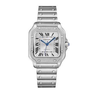 Cartier Santos De Cartier Zegarek Średni Model Automatyczny Stalowe Diamenty Wymienne Metalowe I Skórzane Bransoletki W4SA0005