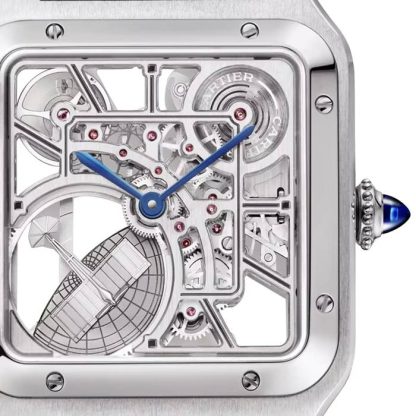 Cartier Santos-Dumont Skeleton Zegarek Duży Model Automatyczny Mechanizm Stal Skóra WHSA0032 - obrazek 3