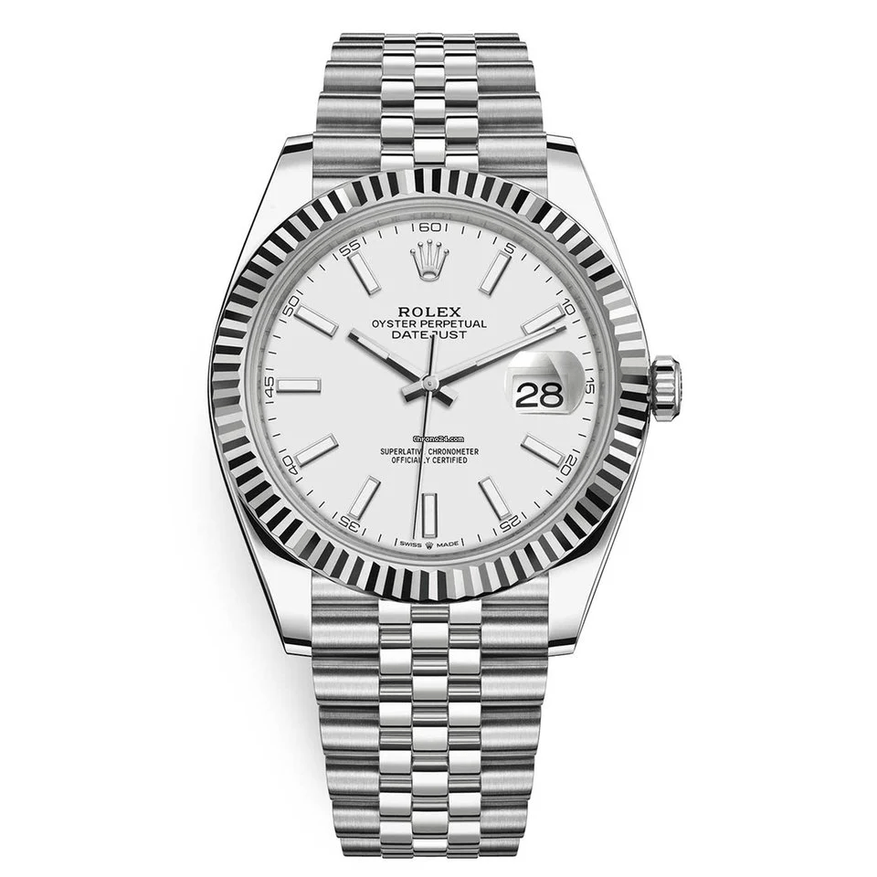 Replika Rolex Datejust 41 Białe złoto/Steel Biała tarcza Bezel karbowany 126334 Jubilee
