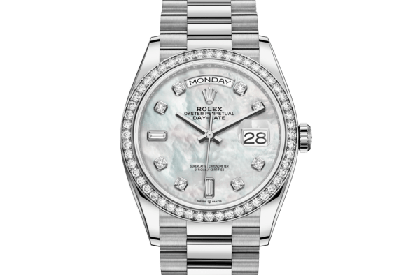 Replika Rolex Day-Date 36 Oyster 36 mm białe złoto i diamenty 128349RBR