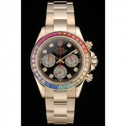 Replika Rolex Daytona Cosmograph Rainbow Crystals Bezel Rose Gold Strap Black Dial 80251 - obrazek 2