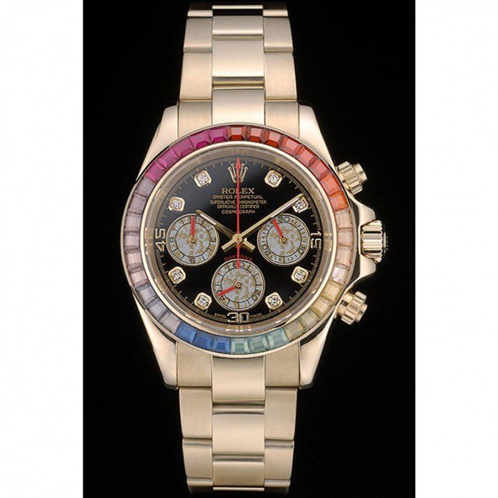 Replika Rolex Daytona Cosmograph Rainbow Crystals Bezel Rose Gold Strap Black Dial 80251 - obrazek 2