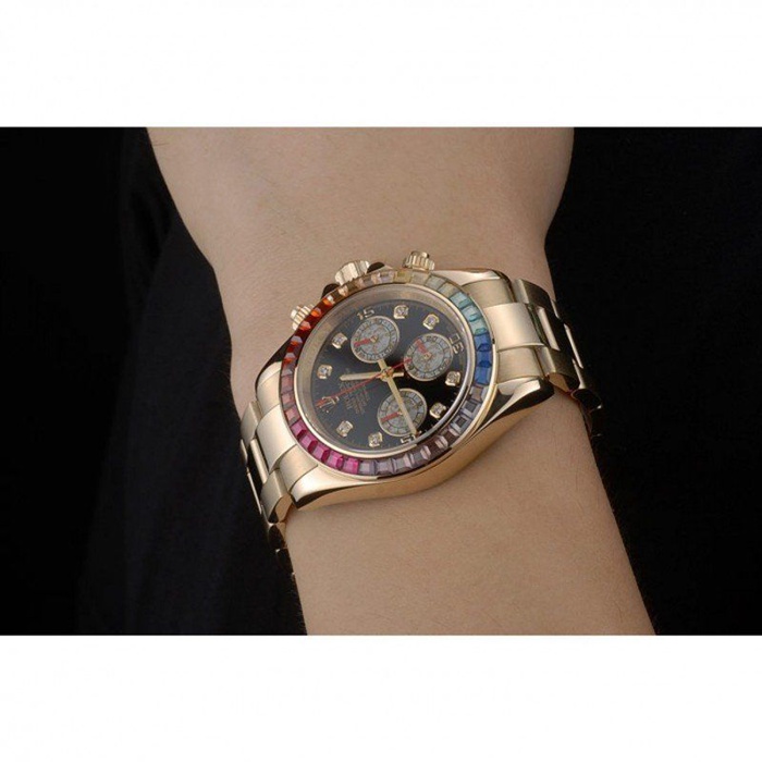 Replika Rolex Daytona Cosmograph Rainbow Crystals Bezel Rose Gold Strap Black Dial 80251 - obrazek 11