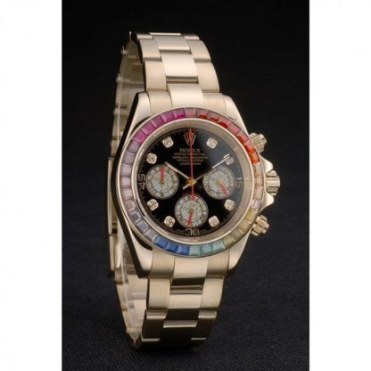 Replika Rolex Daytona Cosmograph Rainbow Crystals Bezel Rose Gold Strap Black Dial 80251 - obrazek 3
