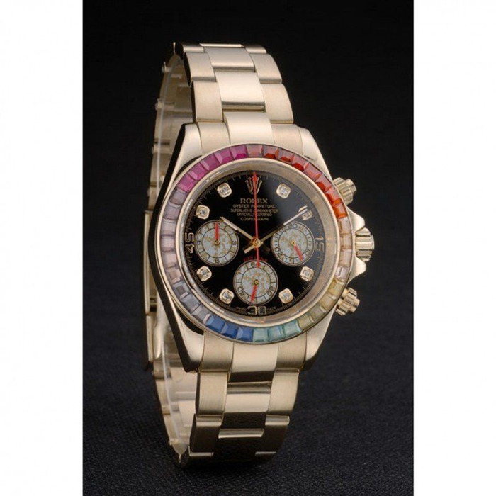 Replika Rolex Daytona Cosmograph Rainbow Crystals Bezel Rose Gold Strap Black Dial 80251 - obrazek 3