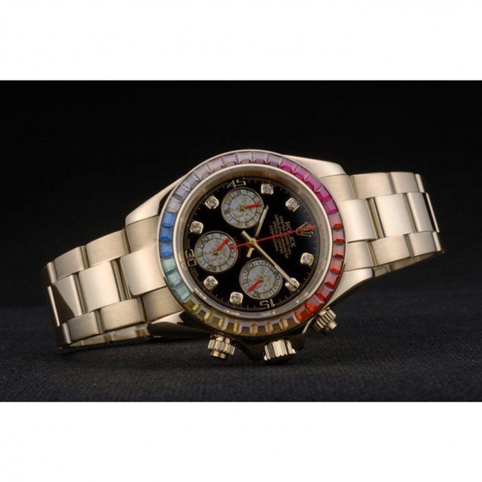 Replika Rolex Daytona Cosmograph Rainbow Crystals Bezel Rose Gold Strap Black Dial 80251 - obrazek 4