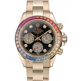 Replika Rolex Daytona Cosmograph Rainbow Crystals Bezel Rose Gold Strap Black Dial 80251