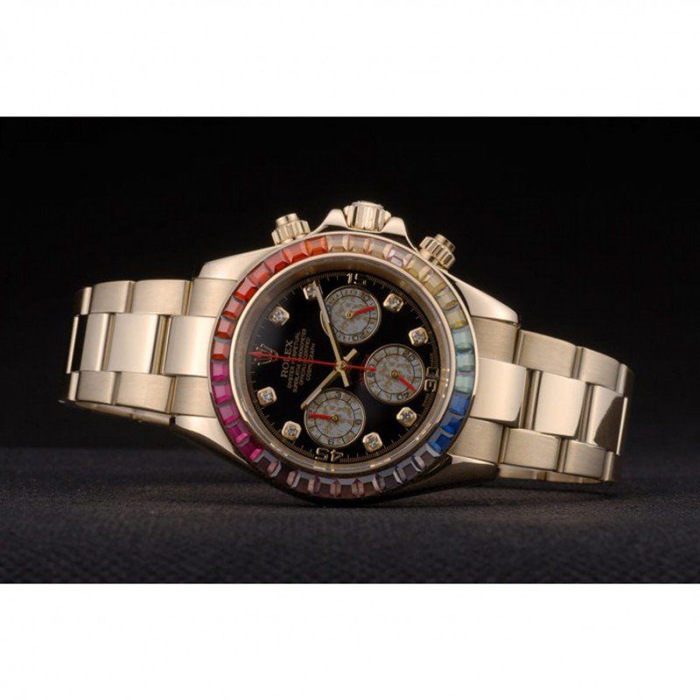 Replika Rolex Daytona Cosmograph Rainbow Crystals Bezel Rose Gold Strap Black Dial 80251 - obrazek 5