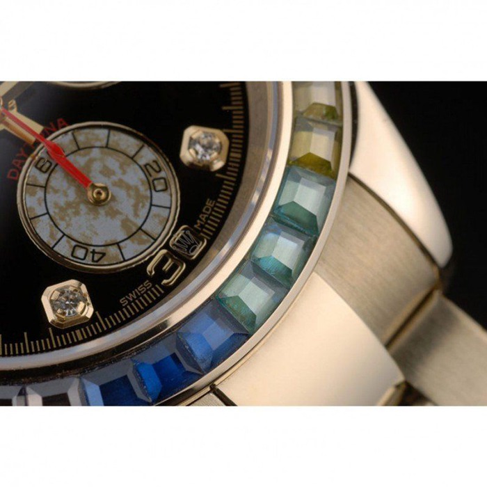 Replika Rolex Daytona Cosmograph Rainbow Crystals Bezel Rose Gold Strap Black Dial 80251 - obrazek 10