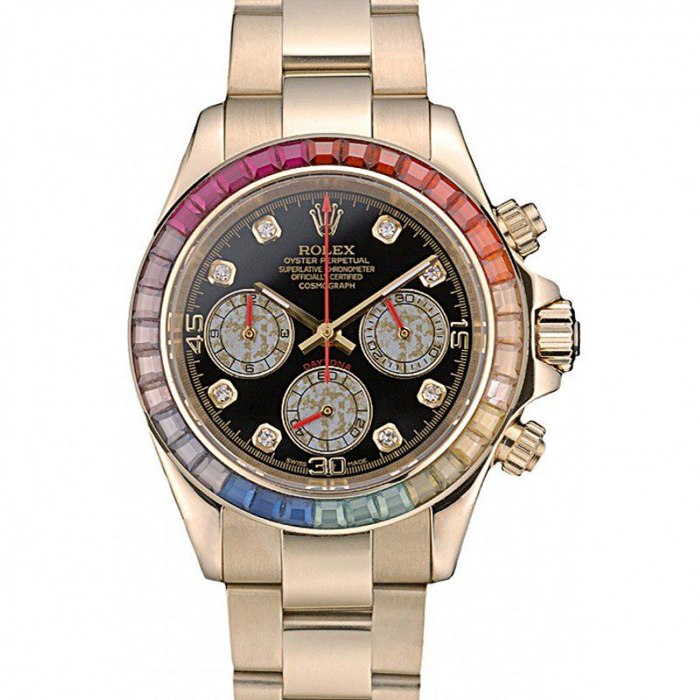 Replika Rolex Daytona Cosmograph Rainbow Crystals Bezel Rose Gold Strap Black Dial 80251