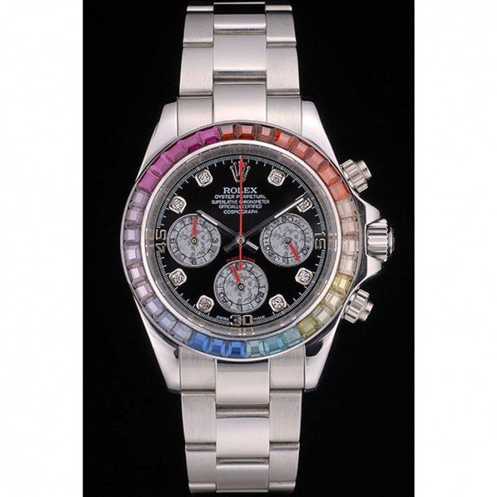 Replika Rolex Daytona Cosmograph Rainbow Crystals Bezel Stainless Steep Strap Black Dial 80250 - obrazek 2