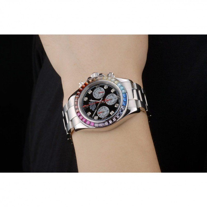 Replika Rolex Daytona Cosmograph Rainbow Crystals Bezel Stainless Steep Strap Black Dial 80250 - obrazek 11