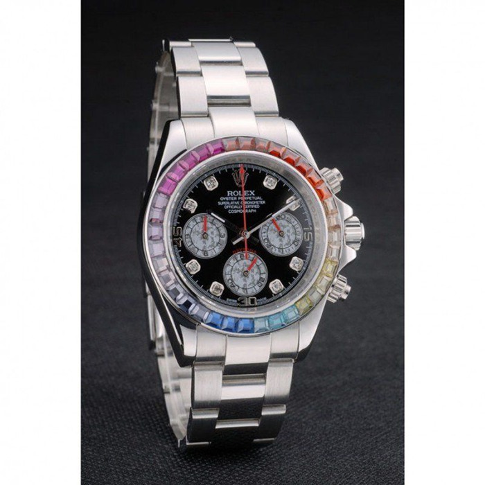 Replika Rolex Daytona Cosmograph Rainbow Crystals Bezel Stainless Steep Strap Black Dial 80250 - obrazek 3