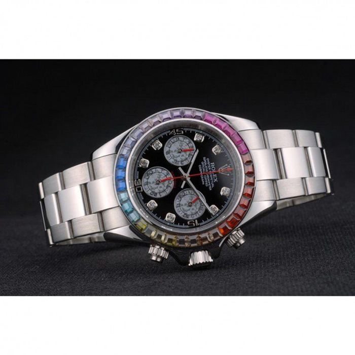Replika Rolex Daytona Cosmograph Rainbow Crystals Bezel Stainless Steep Strap Black Dial 80250 - obrazek 4