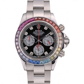 Replika Rolex Daytona Cosmograph Rainbow Crystals Bezel Stainless Steep Strap Black Dial 80250