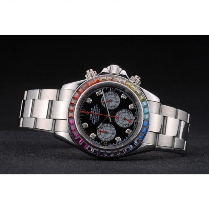 Replika Rolex Daytona Cosmograph Rainbow Crystals Bezel Stainless Steep Strap Black Dial 80250 - obrazek 5