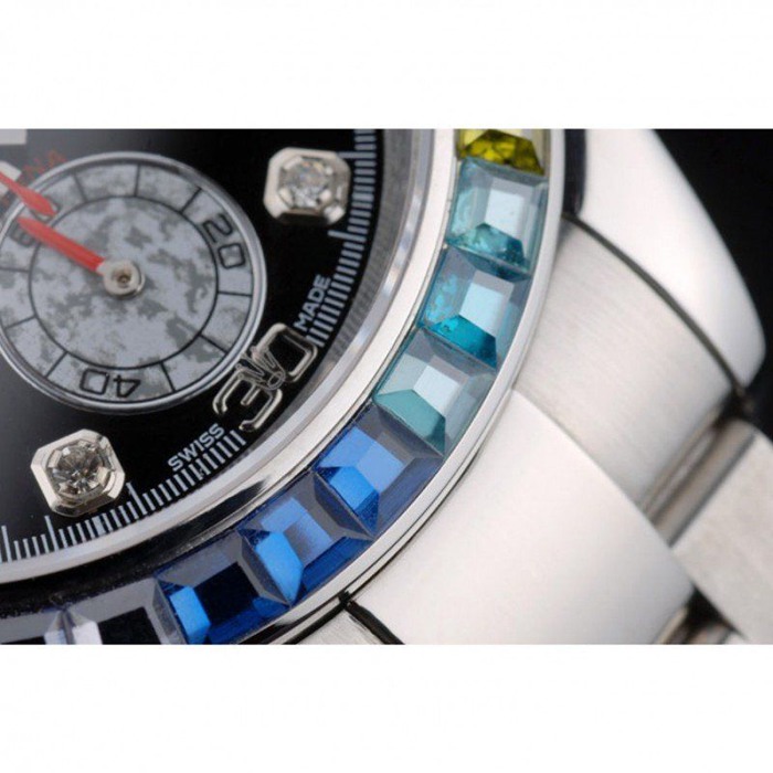 Replika Rolex Daytona Cosmograph Rainbow Crystals Bezel Stainless Steep Strap Black Dial 80250 - obrazek 10