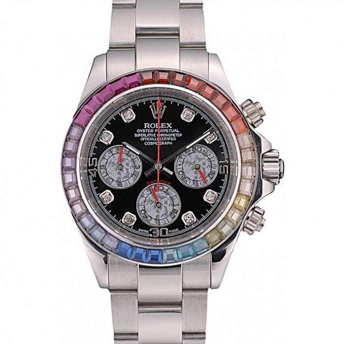 Replika Rolex Daytona Cosmograph Rainbow Crystals Bezel Stainless Steep Strap Black Dial 80250