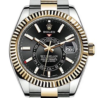 Replika Rolex Sky Dweller Czarna tarcza Złoty bezel Dwukolorowy Oyster 326933