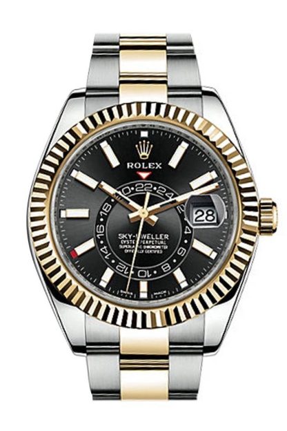 Replika Rolex Sky Dweller Czarna tarcza Złoty bezel Dwukolorowy Oyster 326933
