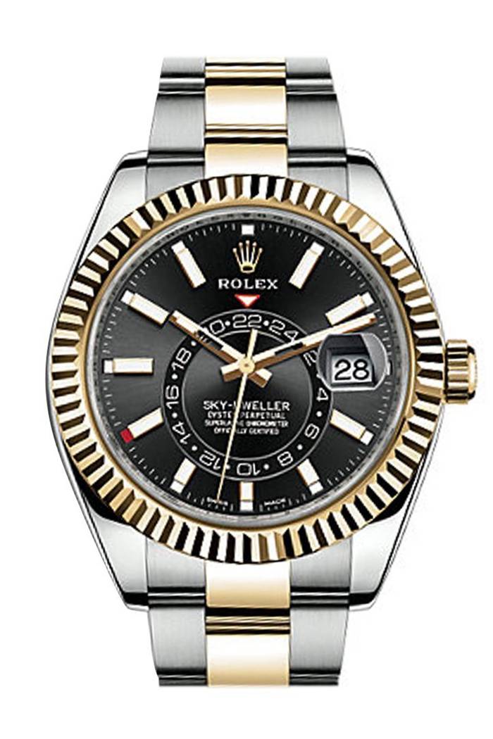 Replika Rolex Sky Dweller Czarna tarcza Złoty bezel Dwukolorowy Oyster 326933