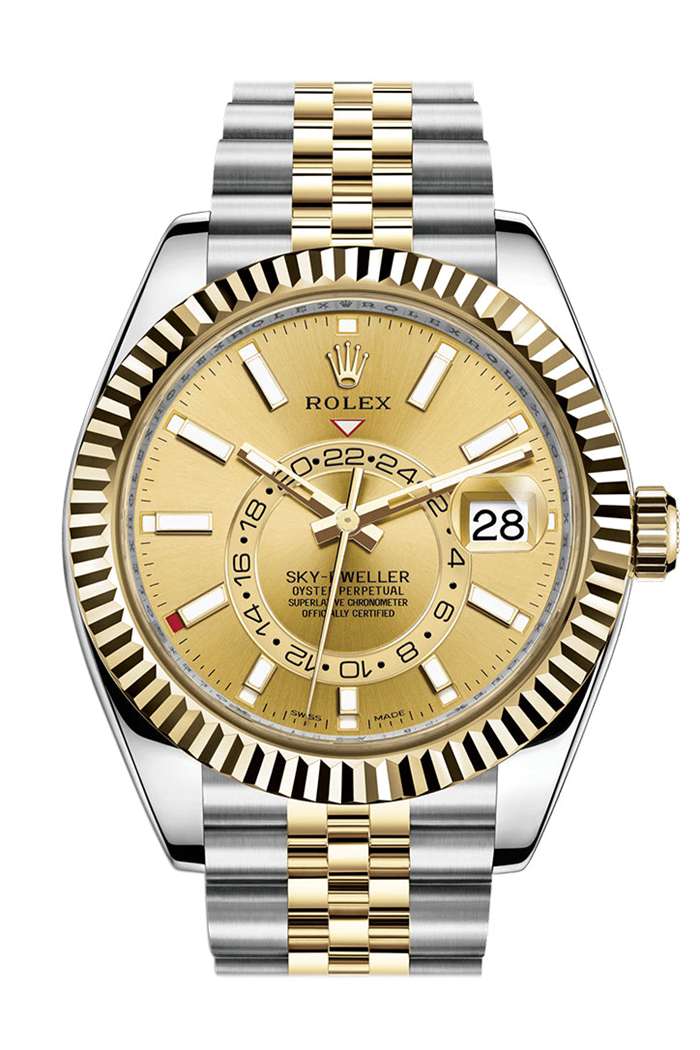 Replika Rolex Sky Dweller Szampańska tarcza Żółte złoto Bezel Dwukolorowy Jubilee 326933