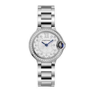 Zegarek Cartier Ballon Bleu de Cartier 28 mm mechanizm kwarcowy Stalowa koperta karbowana stalowa korona z syntetycznym spinelem w kształcie kaboszonu W4BB0034